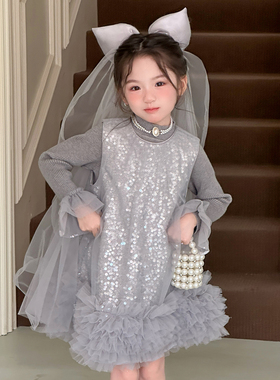 奶油baby女童连衣裙加绒2025秋冬新款洋气女宝宝亮片带头纱公主裙