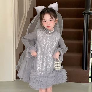 奶油baby女童连衣裙加绒2025秋冬新款 洋气女宝宝亮片带头纱公主裙