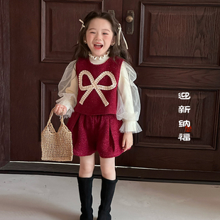 女童洋气小香风新年套装 女宝宝红色节日拜年服套裙 秋冬2025新款