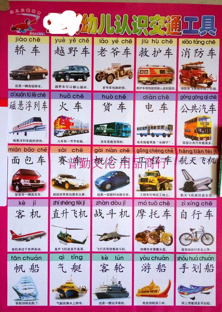 幼儿童认识交通工具挂图彩色无声挂图墙壁贴纸学习认知图