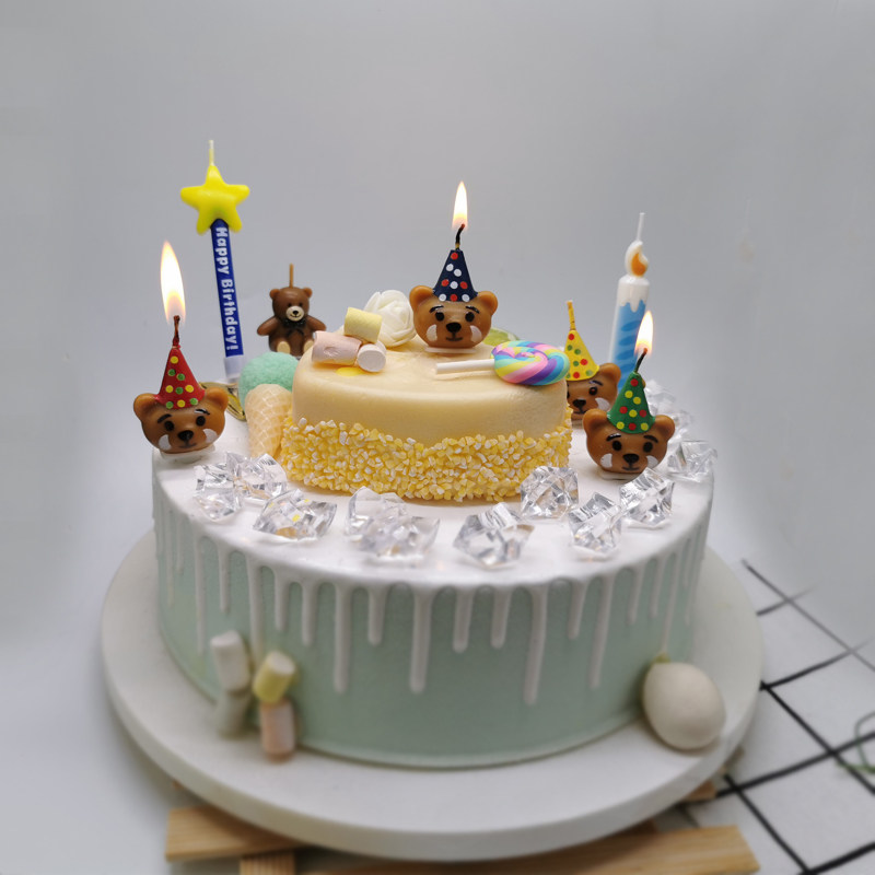 四支装小熊戴帽生日蜡烛头像蛋糕装饰派对儿童卡通棕色可爱纪念日