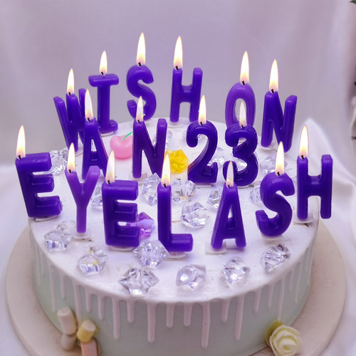 紫色26个可选字母蜡烛数字wish on an eyelash生日蛋糕装饰英文