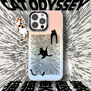 猫猫奥德赛原创猫咪手机壳可爱插画科幻太空漫游全包硅胶镭射手机壳适用于苹果15Pro华为mate60小米14三星s23