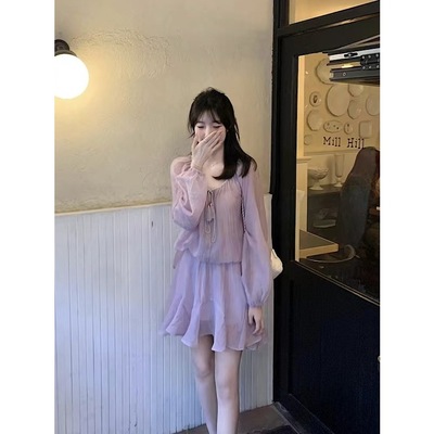 2025春夏新款宽松时尚防晒长袖衬衫高腰显瘦半身裙女装紫色两件套