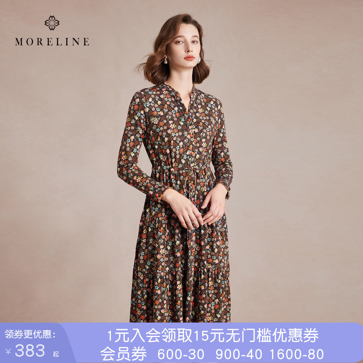 沐兰商场同款复古轻奢印花连衣裙冬季法式优雅系腰裙子