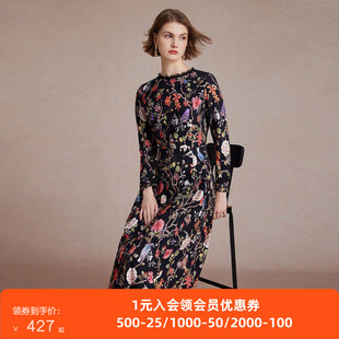 沐兰商场同款法式蕾丝圆领连衣裙2025秋冬新款优雅印花裙子中长款