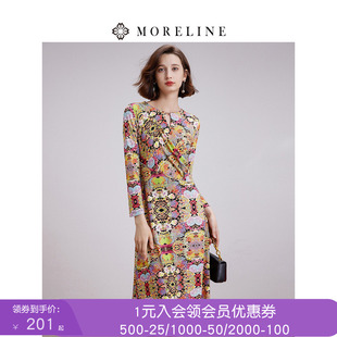 沐兰设计感腰果花印花长袖连衣裙春新款优雅简约圆领中长款A字裙