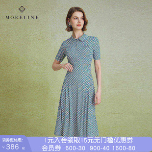沐兰复古优雅印花连衣裙夏减龄娃娃领修身显瘦短袖裙子