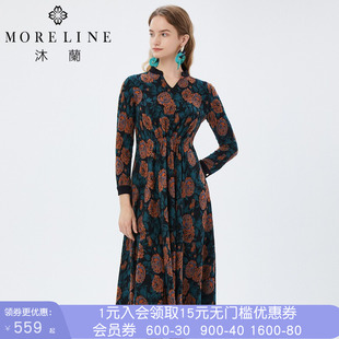 商场同款沐兰优雅印花长袖连衣裙女春秋新款收腰中长款针织裙