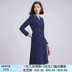 沐兰都市优雅条纹连衣裙女冬季V领修身双排扣西装裙