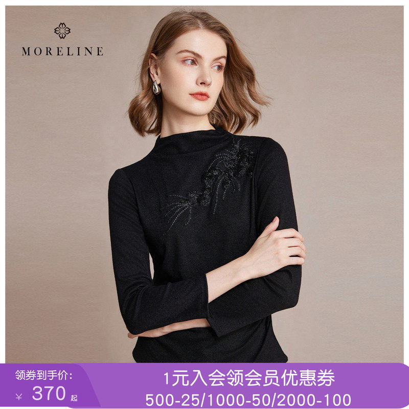 沐兰半高领打底针织衫女冬修身减龄显瘦钉珠绣花片T恤