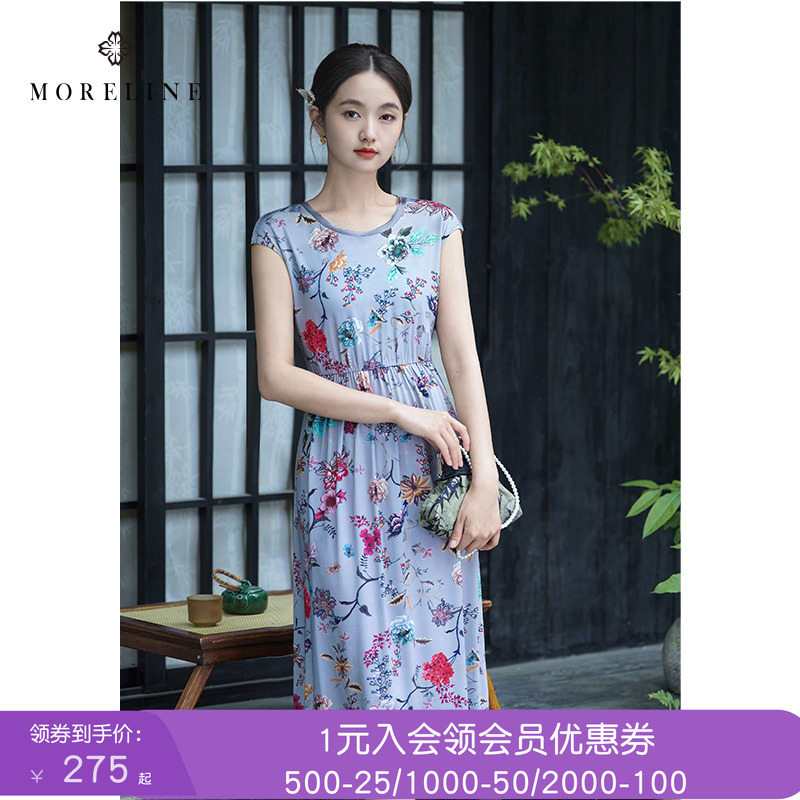 沐兰法式设计感印花连衣裙2025年夏季新款高腰松紧腰修身A字裙