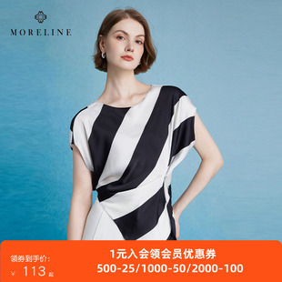 沐兰时尚气质黑白条纹雪纺衫女夏季宽松不对称百搭上衣