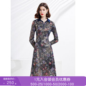 复古法式 蕾丝连衣裙女新款 小翻领长袖 沐兰春装 修身 碎花中长裙