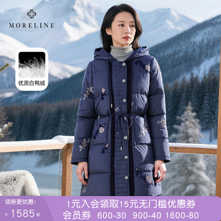 沐兰轻奢绣花绗线廓形羽绒服女2026冬新款系腰白鸭绒连帽保暖外套