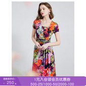 复古印花连衣裙夏装 新款 高腰修身 沐兰法式 假两件A字裙中长款