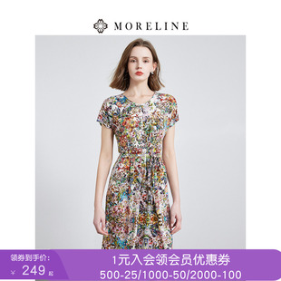 沐兰法式优雅油画印花连衣裙夏装新款高腰本部腰带修身中长裙