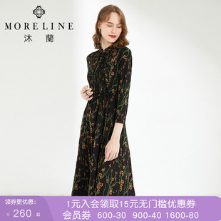 沐兰法式优雅印花连衣裙冬新款修身显瘦立领长袖A字中长裙