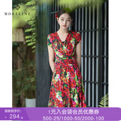 气质牡丹印花V领连衣裙2025夏装 新款 轻奢修身 沐兰法式 A字裙中长款