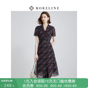 沐兰轻奢设计感V字翻领连衣裙夏装新款高腰修身腰带A字中长裙