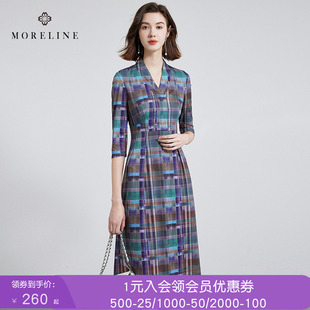 沐兰小众设计感格纹撞色V领连衣裙春装优雅通勤中长裙子