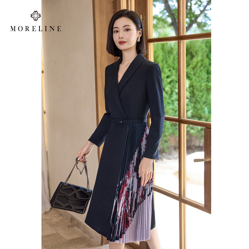 沐兰法式优雅设计感拼接印花连衣裙2025年秋季新款气质西装A字裙