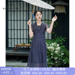 沐兰法式轻奢V领扭结短袖连衣裙2026年夏新款气质显白减龄A字裙
