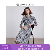 显瘦弹力长袖 沐兰高级优雅气质印花连衣裙春夏新款 修身 中长裙