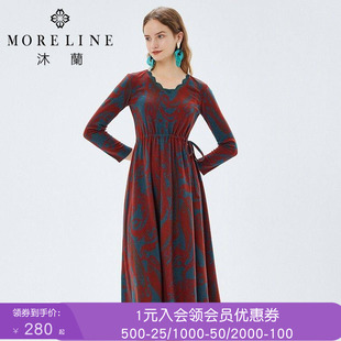 沐兰加厚款针织连衣裙秋装女士优雅v领收腰显瘦a摆中长款