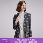 沐兰春装 格纹双口袋外套廓形女士西服上衣 学院风经典 女装 新款