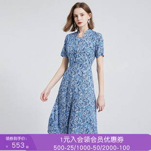 沐兰设计感轻奢腰果花印花连衣裙2025年夏新款优雅V领大摆中长裙