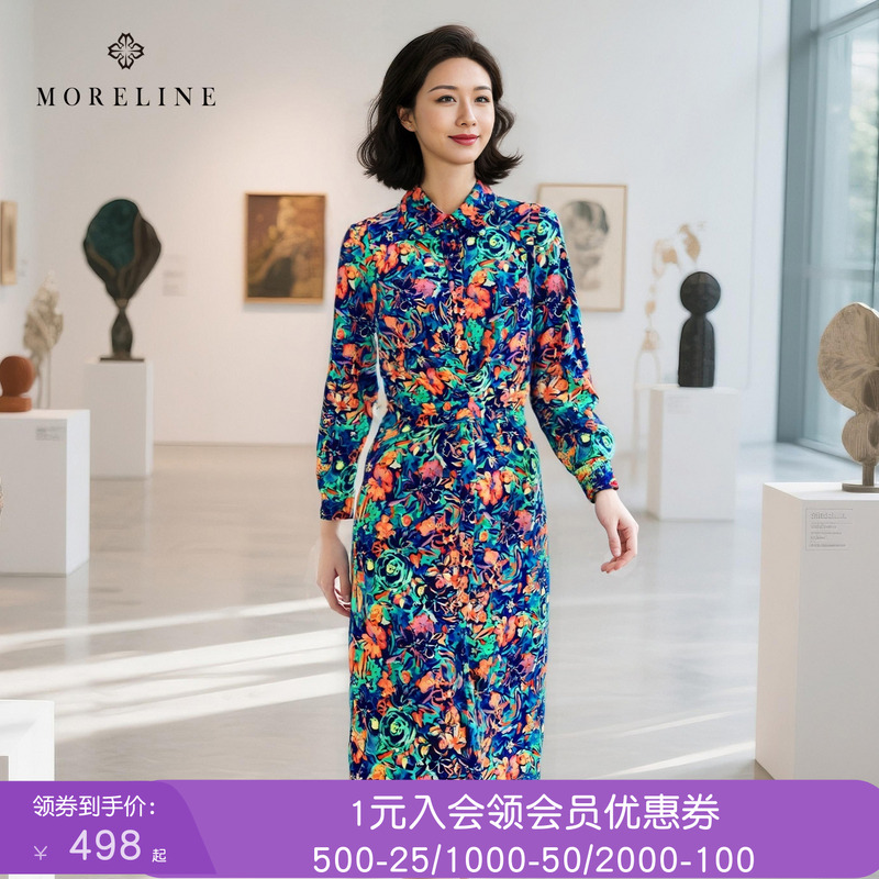 沐兰法式复古翻领印花连衣裙2025秋新款修身收褶藏肉中长款衬衫裙