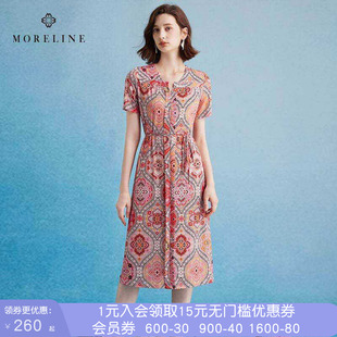 沐兰轻奢设计感印花连衣裙夏季新款法式优雅高腰裙子中长款