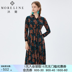 商场同款沐兰优雅印花长袖连衣裙女春秋新款收腰中长款针织裙