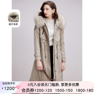 新款 沐兰兔毛内胆派克服女士冬装 貉子毛皮领中长皮衣皮草