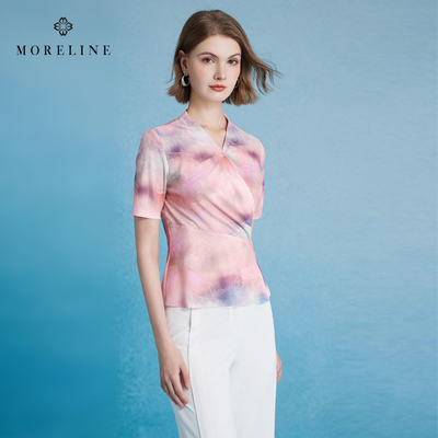 沐兰法式优雅撞色T恤女2025年夏季新款小众设计感V领收腰捏褶上衣