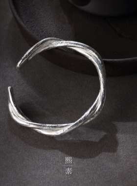 熙素新款纯手工古法扭纹麻花银手镯999纯银国风时尚纹理开口手环