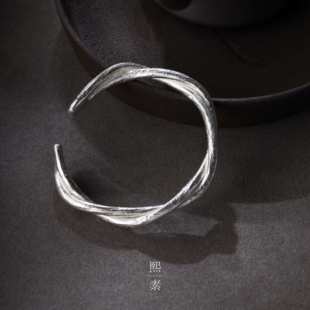 熙素新款 纹理开口手环 纯手工古法扭纹麻花银手镯999纯银国风时尚