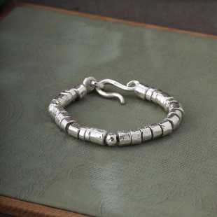 熙素新款 百搭实心锤纹素银女手串 999足银手工纹理重工银手链个性