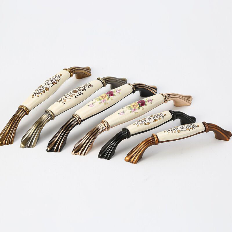 卧室明装橱柜抽屉锌合金陶瓷拉手欧式美式田园黄铜大花衣柜门把手