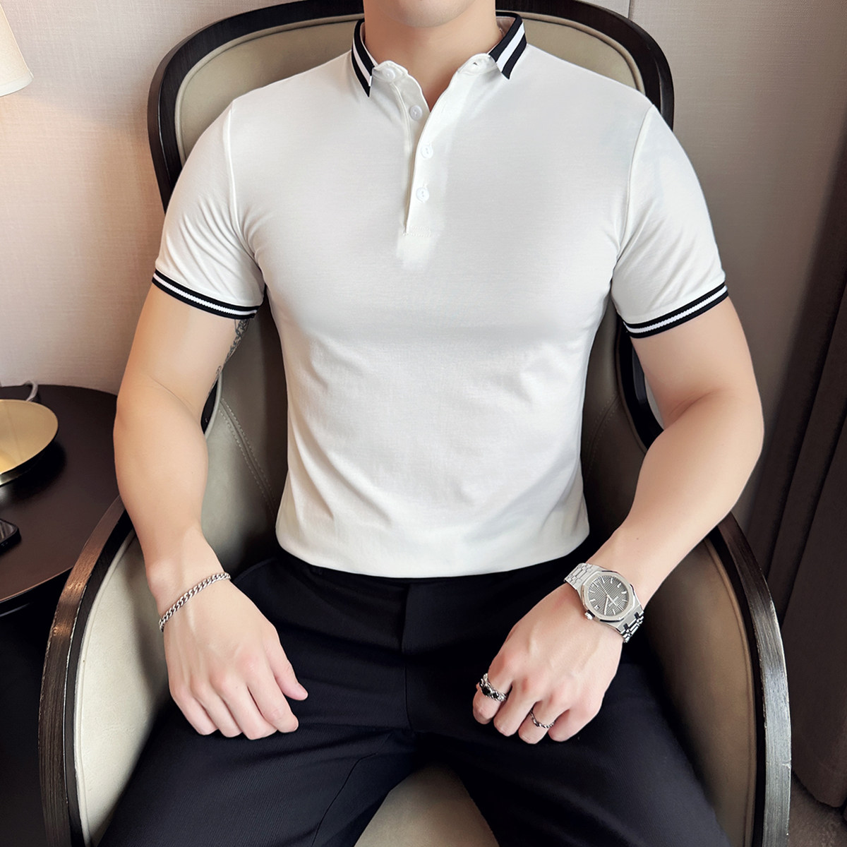 2025夏季英伦修身弹力条纹领短袖POLO衫纯色冰丝T恤A431-PL09-P45,男装T恤,星座401B（原A431）
