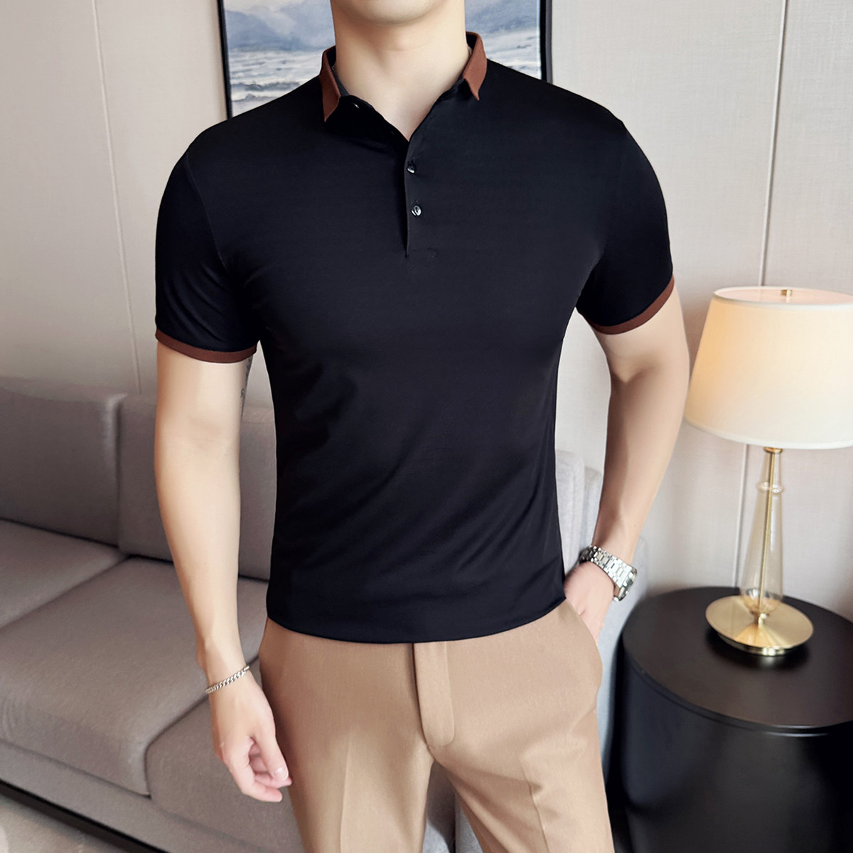 2025夏季英伦拼色修身短袖Polo衫男韩版冰丝T恤弹力A431-PL11-P45,男装T恤,星座401B（原A431）