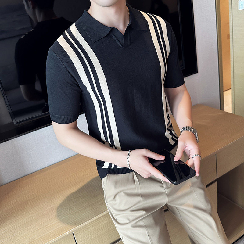 2025夏季新款针织男士短袖polo衫修身条纹冰丝T恤A431-PL67-P60,男装T恤,星座401B（原A431）