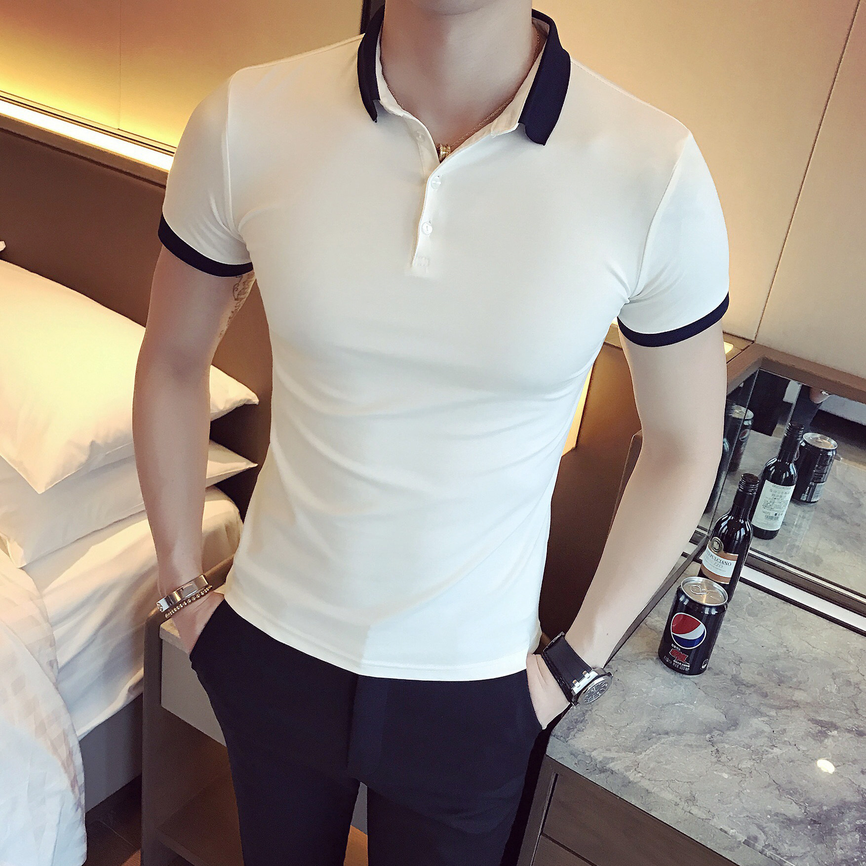 2025夏季新款英伦领子拼接纯色珠地短袖POLO衫修身款A431PL06P45,男装T恤,星座401B（原A431）