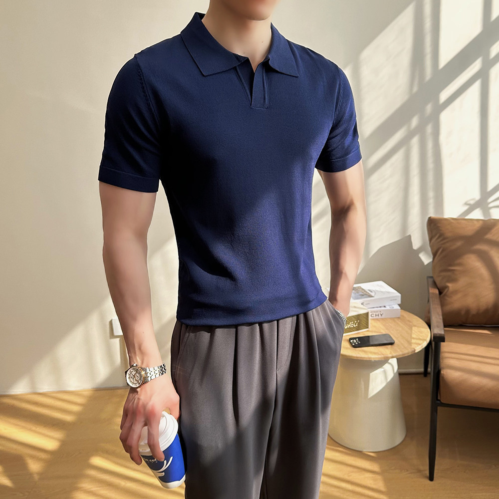 2026夏季修身纯色翻领冰丝针织时尚百搭薄款短袖POLO衫PL38-P50，男装T恤，星座401B（原A431）