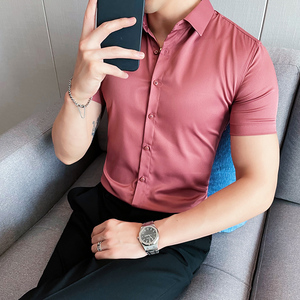 2025夏季新款 10色免烫修身短袖衬衫 A431-QH3301特P33紫红色，男装T恤，星座401B（原A431）
