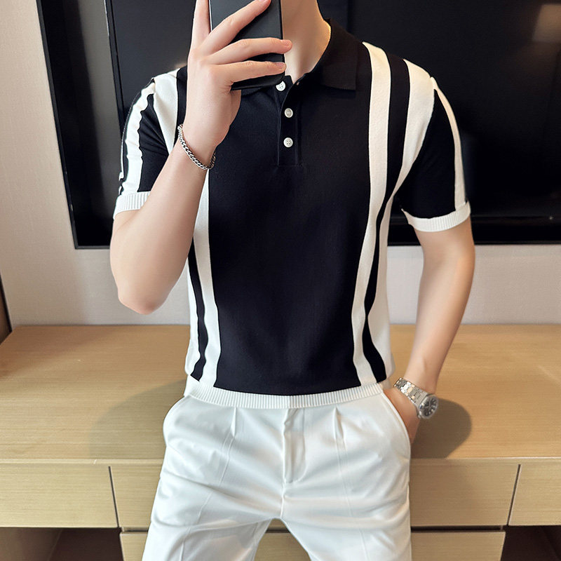 2025夏季新款英伦冰爽丝短袖男士polo衫t恤条纹A431-PL75-P60,男装T恤,星座401B（原A431）