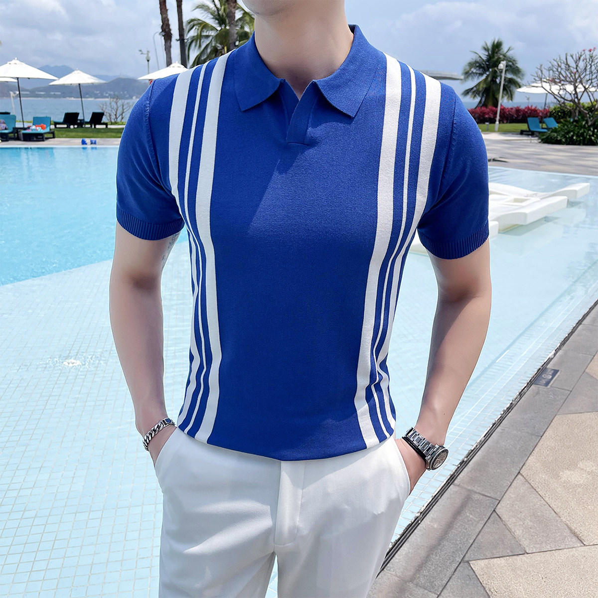 2025夏季新款修身针织男士短袖polo衫条纹冰丝T恤A431-PL67-P60,男装T恤,星座401B（原A431）