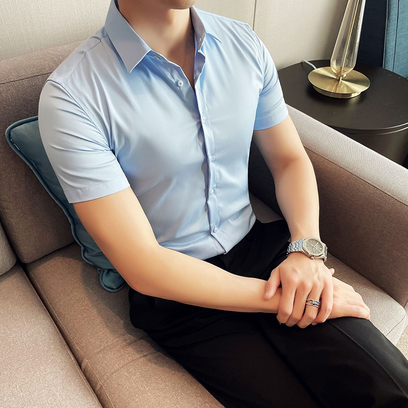 跑量款2025夏季英伦10色免烫修身短袖衬衫男 A431-3301特P33浅蓝图片