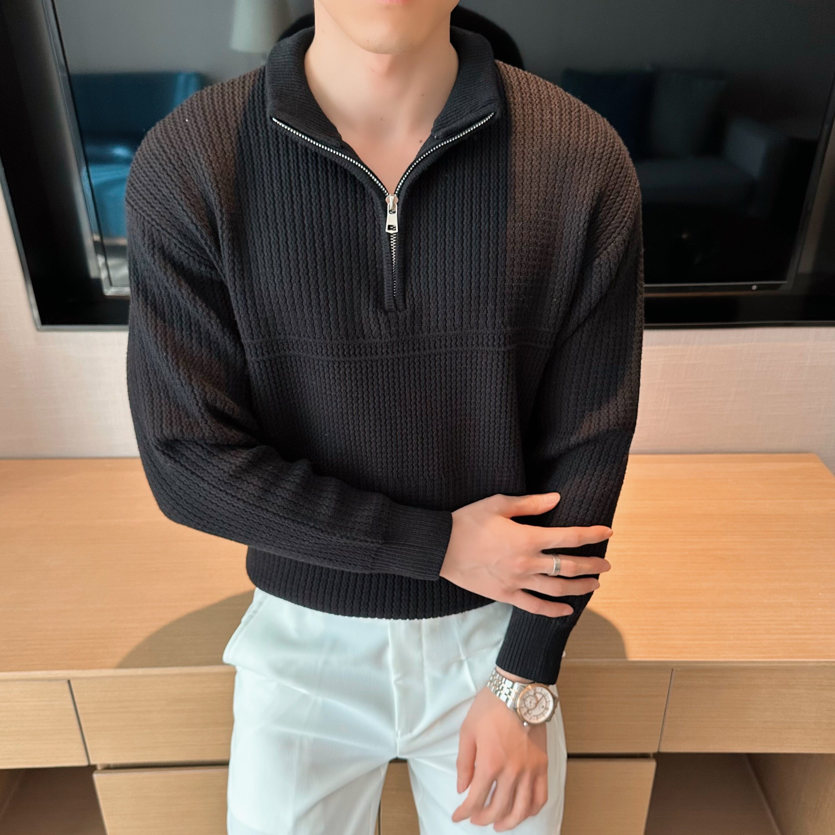 2025秋装新款男士半拉链立领毛衣纯色打底针织衫401B-MY805-P88,男装T恤,星座401B（原A431）